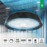 LED Hallenstrahler 200W Sensor Kaltweiß 6000K dimmbar 180lm IP65 90° Abstrahlwinkel Ufo LED High Bay