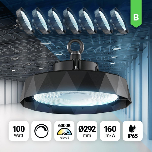 8x LED High Bay HBe 2.0 Eco 100W Kaltweiß 6000k dimmbar 292x105mm 90° Abstrahlwinkel