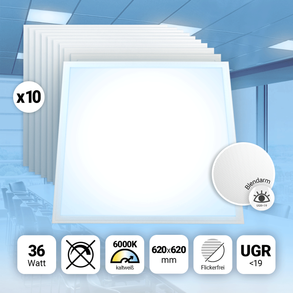 10x LED Panel 62x62 cm Tageslichtweiß 6000K 36W UGR<19 Blendarm Slim Alu PLs3.0