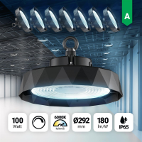 8x LED Hallenstrahler 100W Kaltweiß 6000K dimmbar LED Highbay Energieeffizienzklasse A IP65  90° Abstrahlwinkel