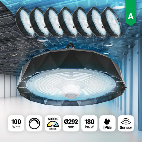 8x LED Hallenstrahler High Bay 100W Sensor Kaltweiß 6000k dimmbar 180lm IP65 90° Abstrahlwinkel 292x105mm HBs 2.0 Star