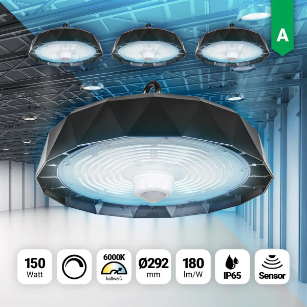 4x LED Hallenstrahler High Bay 150W Sensor Kaltweiß 6000k dimmbar 180lm IP65 90° Abstrahlwinkel  292x105mm HBs 2.0 Star