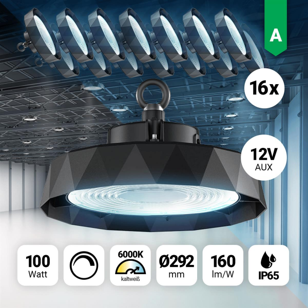 16x LED Hallenstrahler 100W Sensor Kaltweiß 6000K dimmbar 180lm IP65 90° Abstrahlwinkel Bewegungsmelder