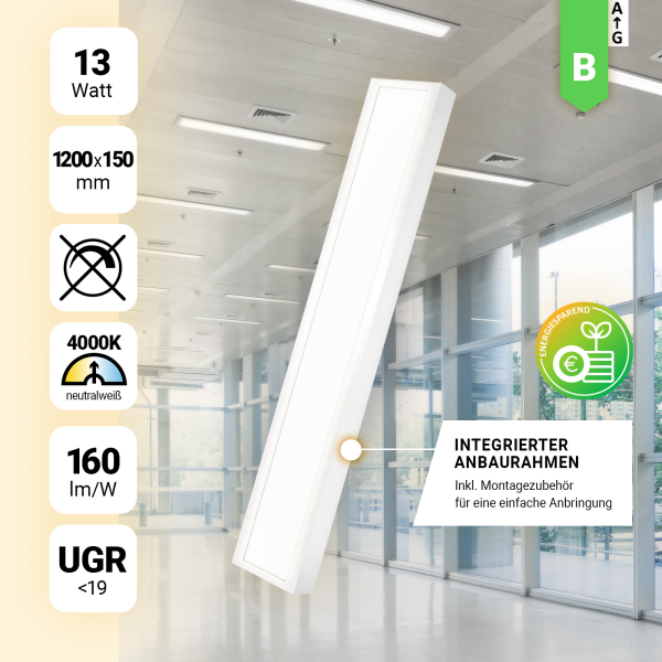 LED Anbauleuchte 120x15cm Neutralweiß 4000K 13W UGR<19 Aufbaurahmen Aufbaupanel BLt