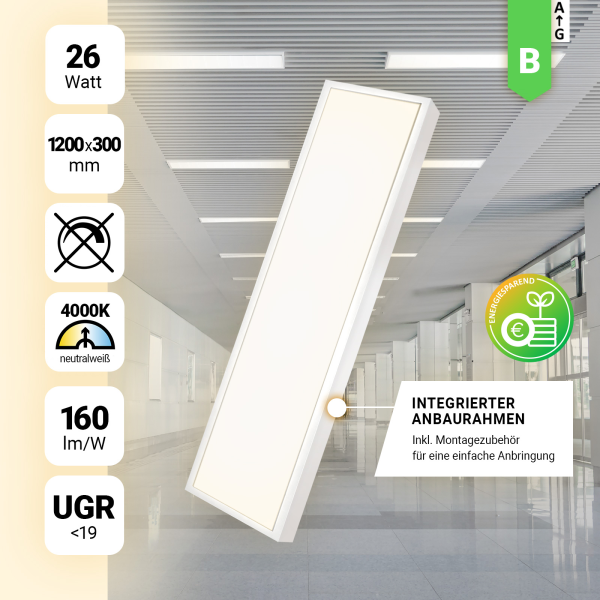 LED Anbauleuchte 120x30cm Neutralweiß 4000K 26W UGR<19 Aufbaurahmen Aufbaupanel BLt