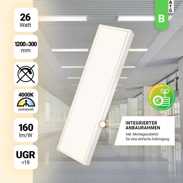 LED Anbauleuchte 120x30cm Neutralweiß 4000K Aufbaurahmen LED Aufbaupanel 26W UGR<19 Backlit BLt