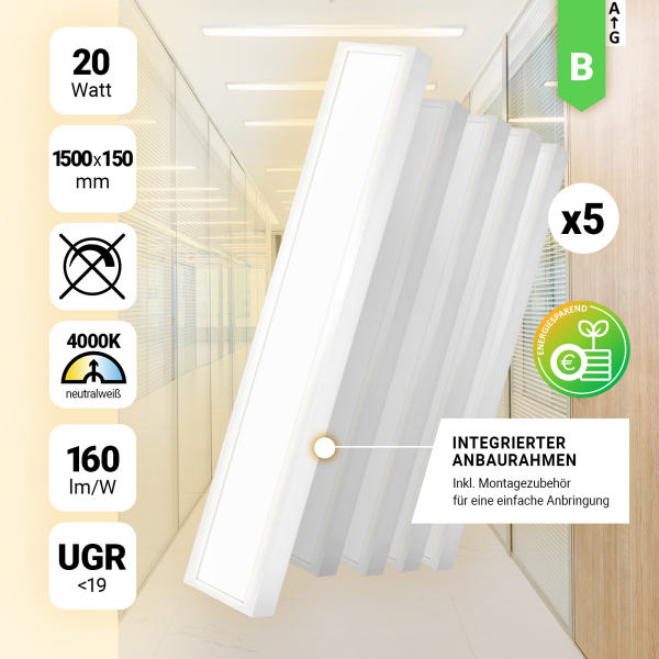 5x LED Anbaupanel 150x15cm Aufbaupanel Neutralweiß 4000K 20W UGR<19 Backlit