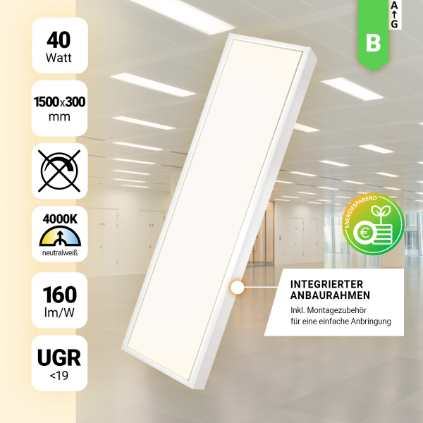 LED Anbauleuchte 150x30cm Neutralweiß 4000K 40W UGR<19 Anbaupanel BLt