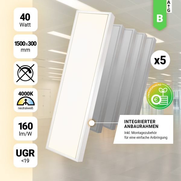 5x LED Anbauleuchte Anbaupanel LED Rasterleuchte 150x30cm Neutralweiß 4000K 40W UGR<19 Backlit