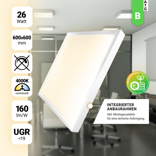 LED Anbaupanel 60x60cm Neutralweiß 4000K 26W UGR<19 Aufbaurahmen LED Backlit Panel BLt