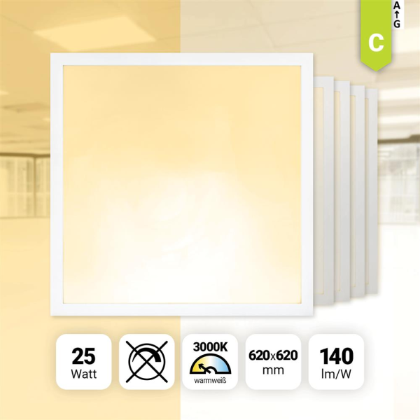 5x LED Panel 62x62cm Warmweiß 3000K 25W LED Deckenleuchte LED Rasterleuchte 140lm BLe2.0
