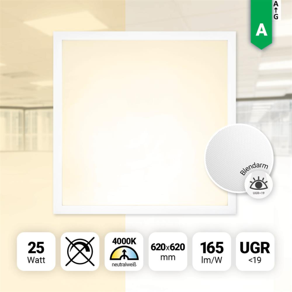 LED Panel 62x62cm Neutralweiß 4000K 25W 165lm UGR19 blendarm BLs 2.0
