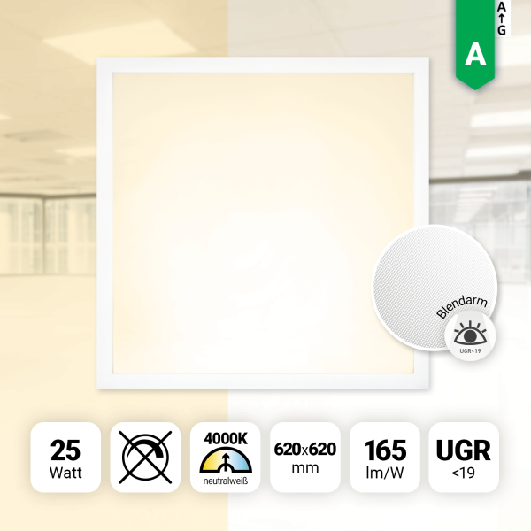 LED Panel 62x62cm Neutralweiß 4000K LED Deckenleuchte 25W 165lm UGR19 blendarm