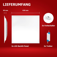 5x LED Panel 62x62 3CCT 3000K 4000K 6000K 25W Deckenleuchte 160lm BLs 2.0