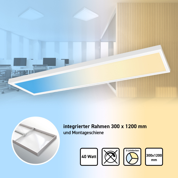 RESTPOSTEN LED Panel Eco 120x30cm 3CCT 3000K-4000K-6000K 40W Rasterleuchte Alu Aufbaurahmen Treiber PLeS2.1