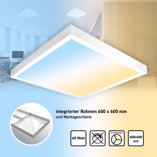 RESTPOSTEN LED Panel 60x60cm 3CCT 3000K-4000K-6000K 40W Alu Montage Aufbaurahmen