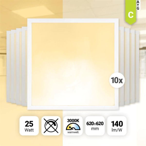 10x LED Panel 62x62cm Warmweiß 3000K 25W 3500lm Deckenleuchte BLe2.0