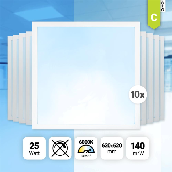 10x LED Panel 62x62cm Tageslichtweiß 6000K 25W LED Rasterleuchte LED Deckenleuchte 140lm BLe2.0