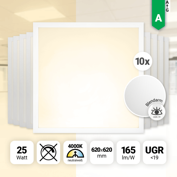 10x LED Panel 62x62 Neutralweiß 4000K LED Deckenlampe 25W LED Rasterleuchte 165lm UGR19 blendarm BLs 2.0