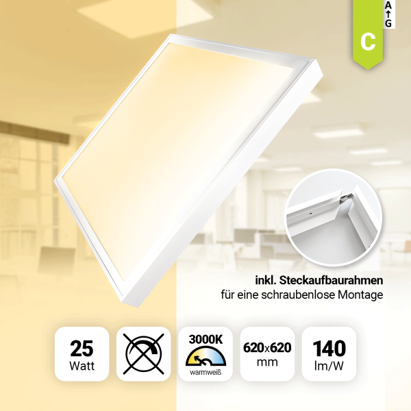 LED Panel 62x62 Warmweiß 3000K 25W 140lm LED Deckenleuchte Aufbaurahmen LED Rasterleuchte