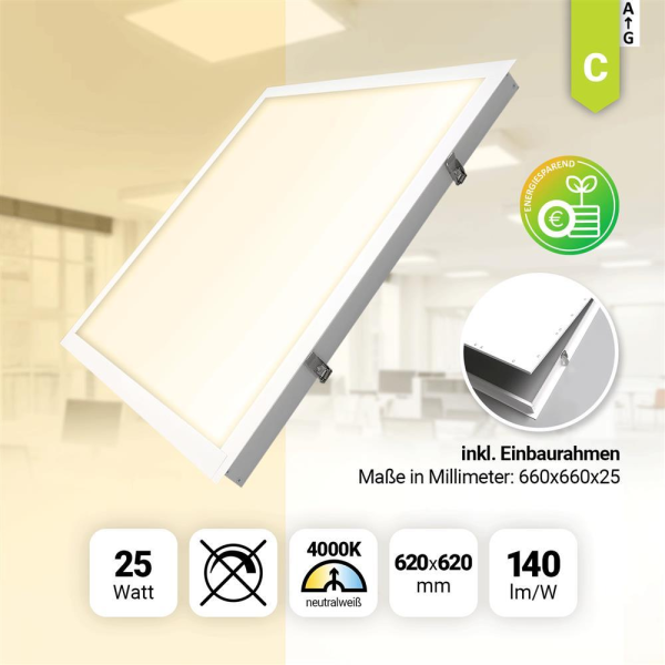 LED Panel 62x62cm Neutralweiß 4000K 25W LED Deckenleuchte Einbaurahmen LED Rasterleuchte 140lm BLe 2.0