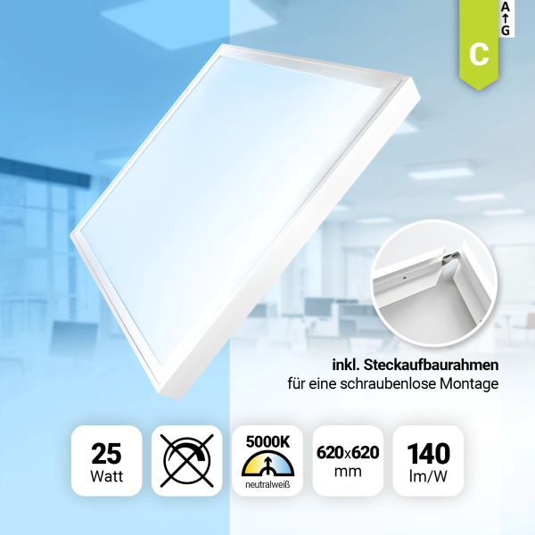 LED Panel 62x62cm Neutralweiß 5000K 25W LED Deckenleuchte Aufbaurahmen LED Rasterleuchte