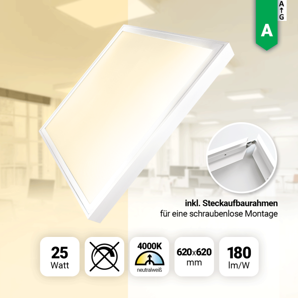 LED Panel 62x62cm Neutralweiß 4000K 25W LED Deckenleuchte LED Rasterleuchte Aufbaurahmen180lm