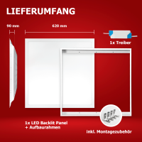 LED Panel 62x62cm Neutralweiß 4000K 25W LED Deckenleuchte LED Rasterleuchte Aufbaurahmen180lm