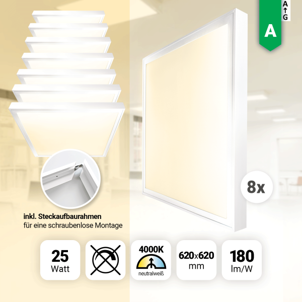 8x LED Panel 62x62cm Neutralweiß 4000K 25W LED Deckenleuchte LED Rasterleuchte Aufbaurahmen180lm BLs 2.0