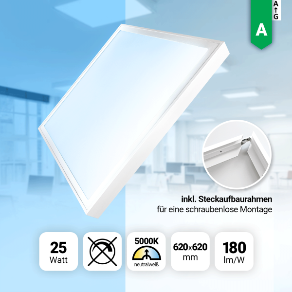 LED Panel 62x62cm Neutralweiß 5000K 25W LED Deckenleuchte Aufbaurahmen LED Rasterleuchte 180lm BLs 2.0