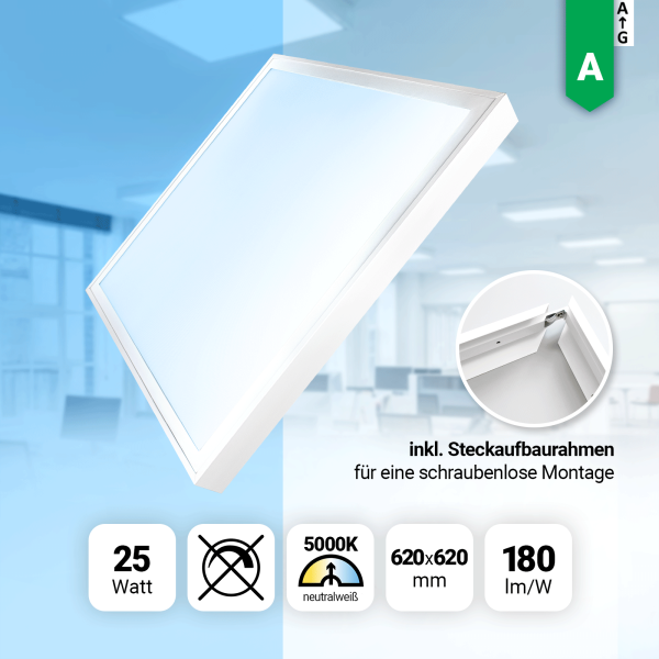LED Panel 62x62cm Neutralweiß 5000K 4500lm 25W Aufbaurahmen Alu weiß BLs 2.0