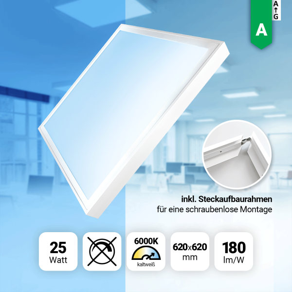 LED Panel 62x62cm Tageslichtweiß 6000K LED Deckenleuchte Aufbaurahmen 180lm LED Rasterleuchte 25W