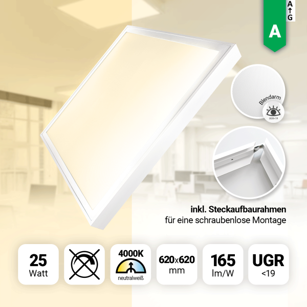 LED Panel 62x62cm Neutralweiß 4000K LED Deckenleuchte 25W 165lm Aufbaurahmen UGR19 blendarm BLs 2.0