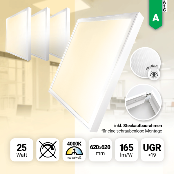 4x LED Panel 62x62cm Neutralweiß 4000K LED Deckenleuchte 25W 165lm Aufbaurahmen UGR19 blendarm