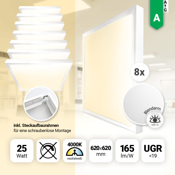 8x LED Panel 62x62cm Neutralweiß 4000K LED Deckenleuchte 25W 165lm Aufbaurahmen UGR19 blendarm