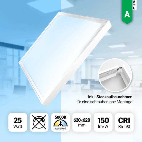 LED Panel 62x62 Neutralweiß 5000K LED Deckenleuchte 25W 150lm Aufbaurahmen CRI90 Hohe Farbwiedergabe BLs 2.0