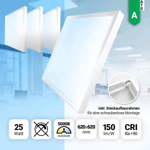 4x LED Panel 62x62 Neutralweiß 5000K LED Deckenleuchte 25W 150lm Aufbaurahmen CRI90 Hohe Farbwiedergabe