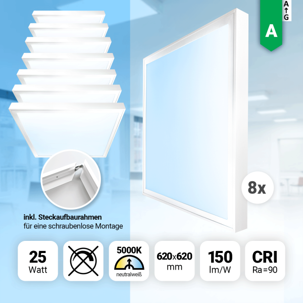 8x LED Panel 62x62 Neutralweiß 5000K LED Deckenleuchte 25W 150lm Aufbaurahmen CRI90 Hohe Farbwiedergabe