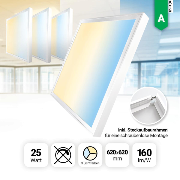 4x LED Panel 62x62 3CCT 3000K 4000K 6000K 25W 4000lm Aufbaurahmen Alu weiß BLs 2.0