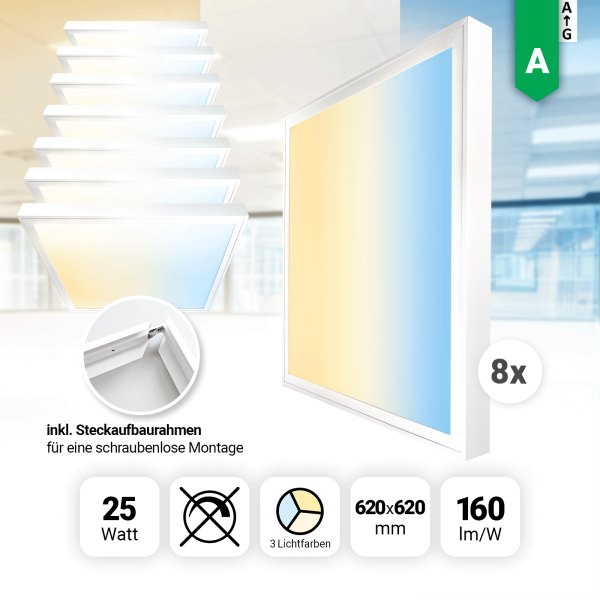 8x LED Panel 62x62 3CCT 3000K 4000K 6000K 25W 4000lm Aufbaurahmen Alu weiß BLs 2.0