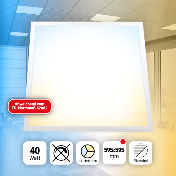 LED Panel 60x60 cm 3CCT 3000K-4000K-6000K 40W Treiber PLs3.0