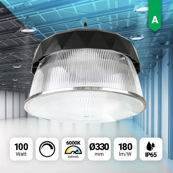 LED Hallenstrahler 100W Kaltweiß 6000K 180lm dimmbar IP65 90° Abstrahlwinkel Reflektor Abdeckung