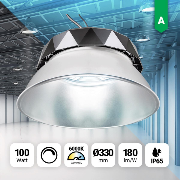 LED Hallenstrahler 100W Alureflektor 180lm Highbay 6000K dimmbar IP65 90° Abstrahlwinkel Abdeckung