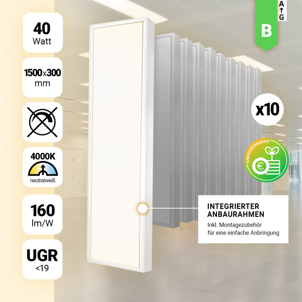 10x LED Anbauleuchte 150x30cm Neutralweiß 4000K 40W Rasteranbauleuchte UGR<19 Backlit BLt