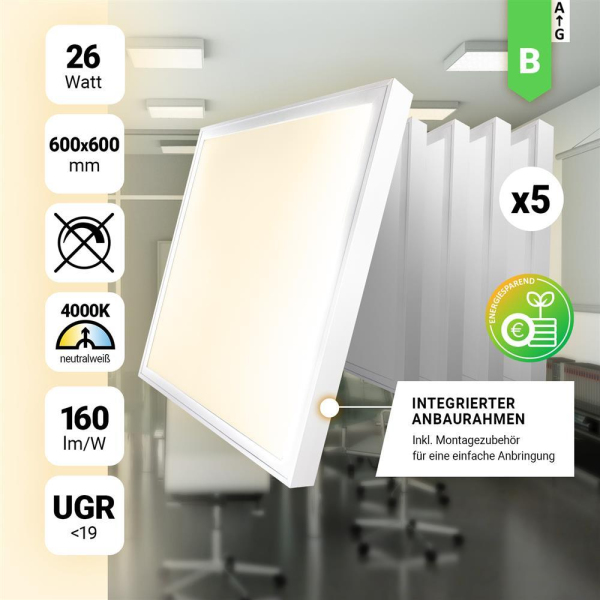 5x LED Anbaupanel 60x60cm Neutralweiß 4000K 26W UGR<19 Aufbaurahmen BLt