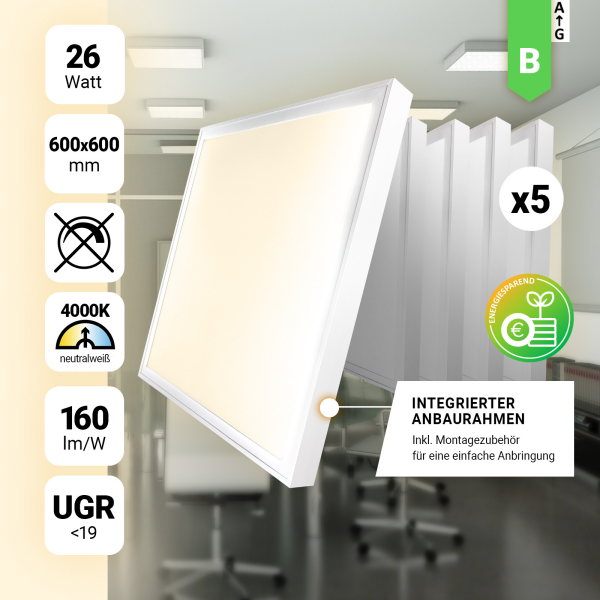 5x LED Anbaupanel 60x60cm Neutralweiß 4000K 26W UGR<19 Aufbaurahmen LED Backlit Panel BLt