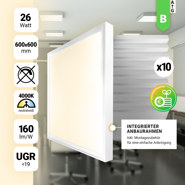 10x LED Anbaupanel 60x60cm Neutralweiß 4000K 26W UGR<19 Aufbaurahmen LED Backlit Panel