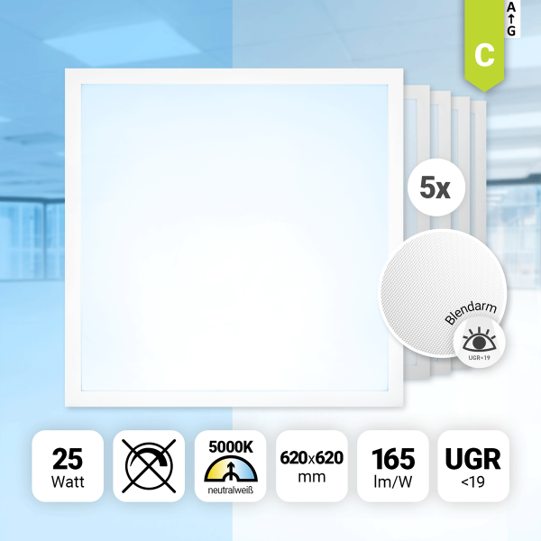 5x LED Panel 62x62cm Neutralweiß 5000K LED Deckenleuchte 25W 165lm UGR19 blendarm BLs 2.0