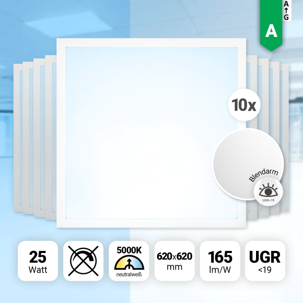 10x LED Panel 62x62cm Neutralweiß 5000K 25W 4125lm UGR19 blendarm BLs 2.0