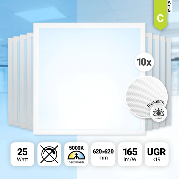 10x LED Panel 62x62cm Neutralweiß 5000K 25W 4125lm UGR19 blendarm BLs 2.0